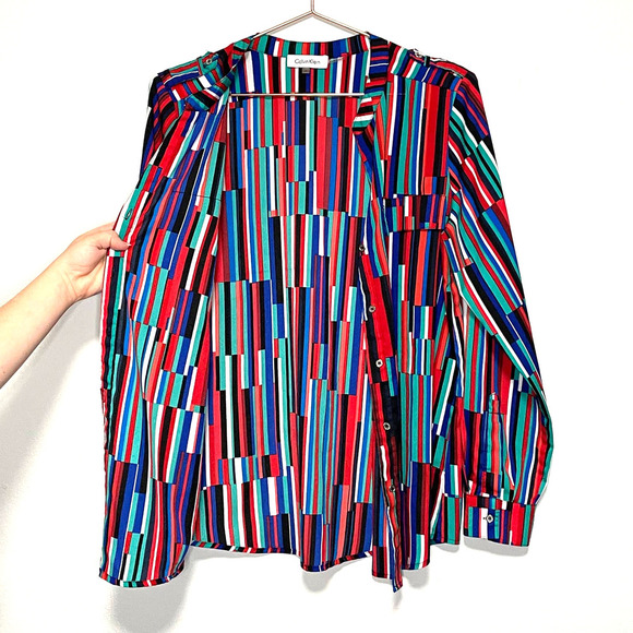 Calvin Klein Red Green Multicolored Striped Button Up Blouse size Medium - Picture 7 of 8